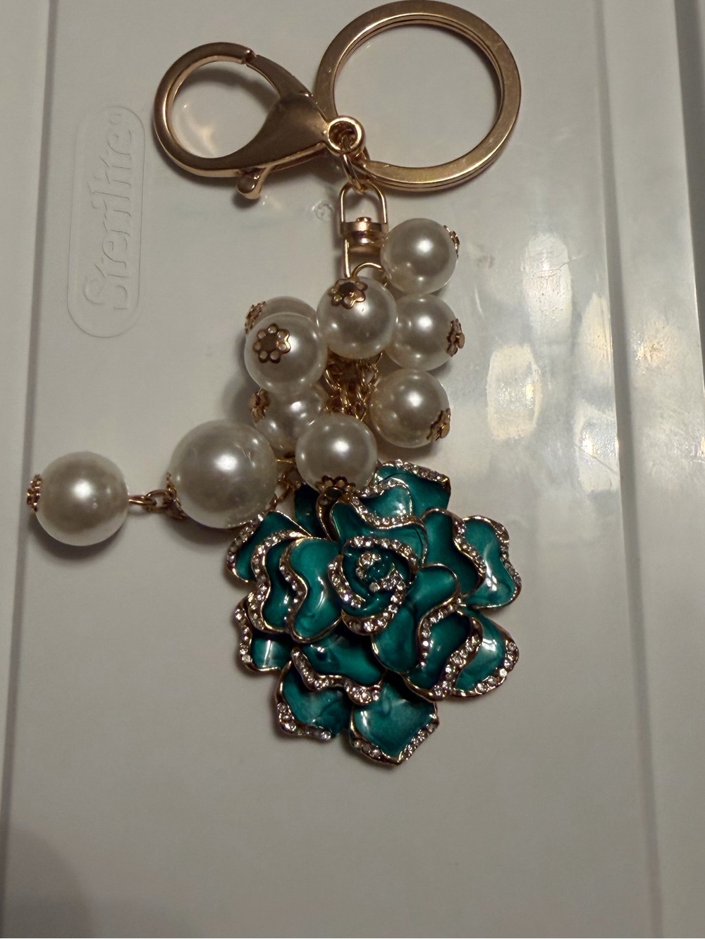 Pearl & Teal Rose Charm Keychain - Women Jewelry